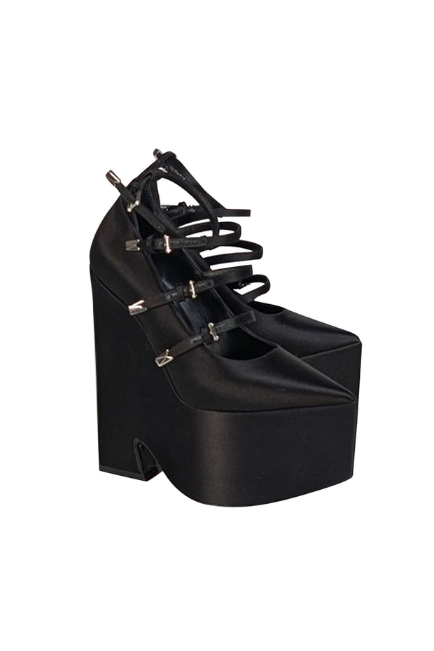 Versace - Black Satin Chunky Platform Multi Buckle Strap Heels Sz 6.5 - Current Boutique