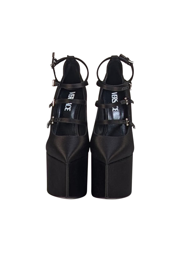 Versace - Black Satin Chunky Platform Multi Buckle Strap Heels Sz 6.5 - Current Boutique