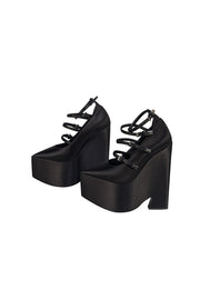 Versace - Black Satin Chunky Platform Multi Buckle Strap Heels Sz 6.5 - Current Boutique