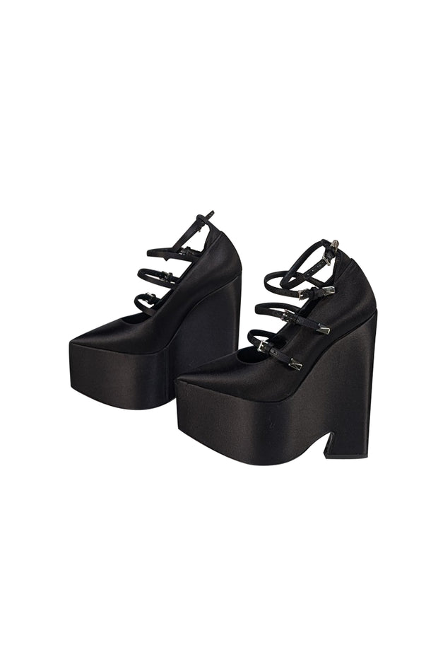 Versace - Black Satin Chunky Platform Multi Buckle Strap Heels Sz 6.5 - Current Boutique