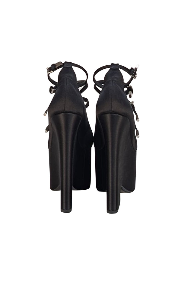 Versace - Black Satin Chunky Platform Multi Buckle Strap Heels Sz 6.5 - Current Boutique