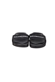 Balenciaga - Black Leather Upper Logo Slide Sandals Sz 6 - Current Boutique