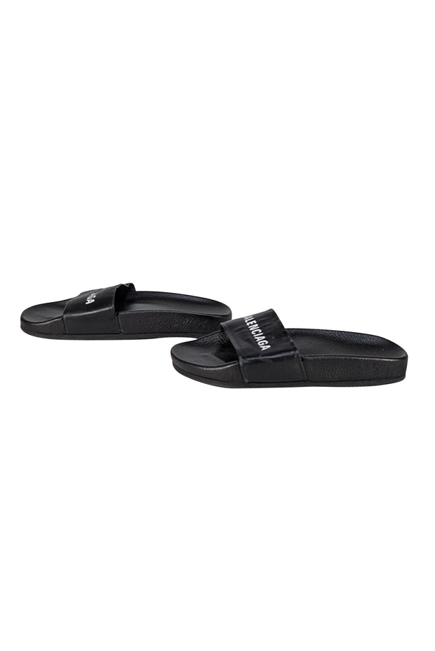 Balenciaga - Black Leather Upper Logo Slide Sandals Sz 6 - Current Boutique