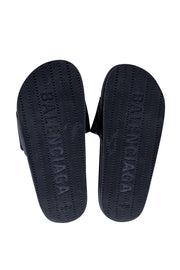 Balenciaga - Black Leather Upper Logo Slide Sandals Sz 6 - Current Boutique