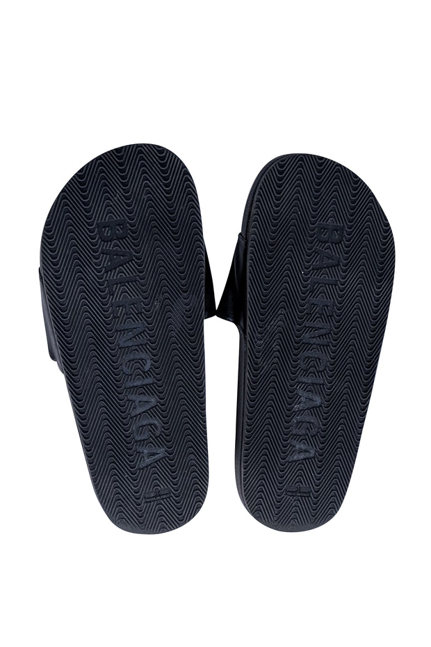 Balenciaga - Black Leather Upper Logo Slide Sandals Sz 6 - Current Boutique