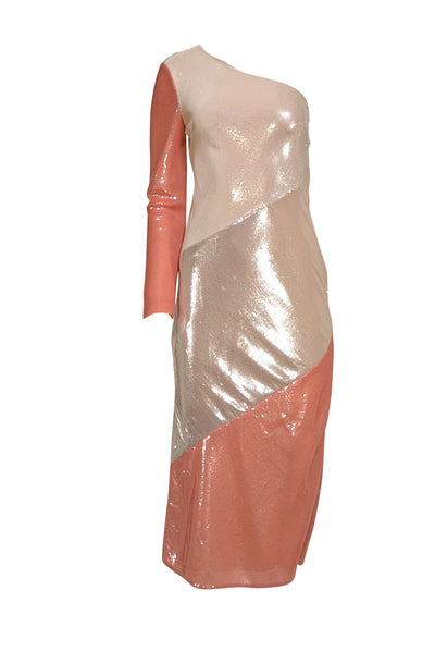 Diane von Furstenberg - Cream & Pink One Shoulder Sequin Midi Dress Sz 2 - Current Boutique