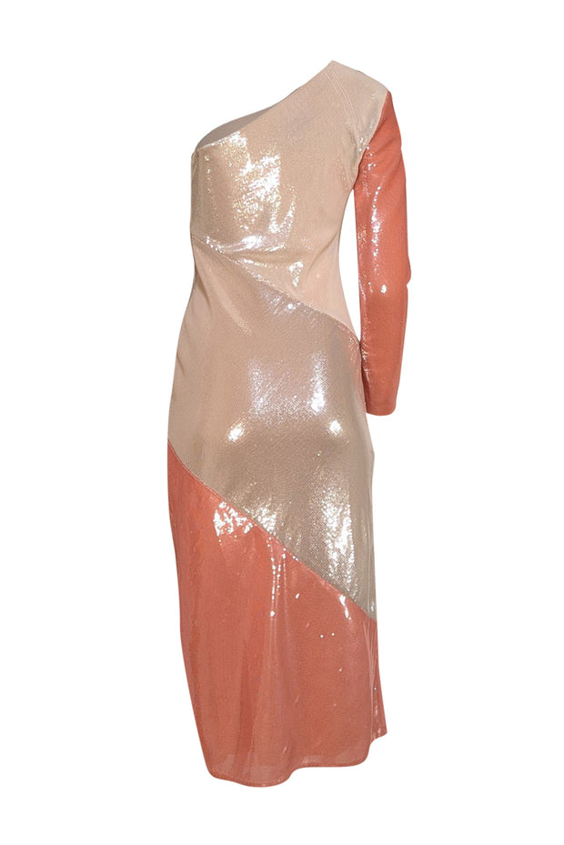 Diane von Furstenberg - Cream & Pink One Shoulder Sequin Midi Dress Sz 2 - Current Boutique