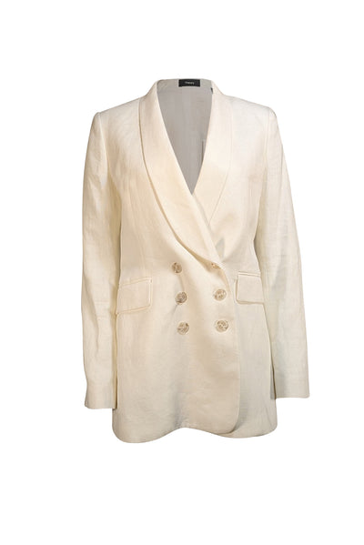 Theory - Off-White Linen Double Breasted Shawl Collar Blazer Sz 8 - Current Boutique