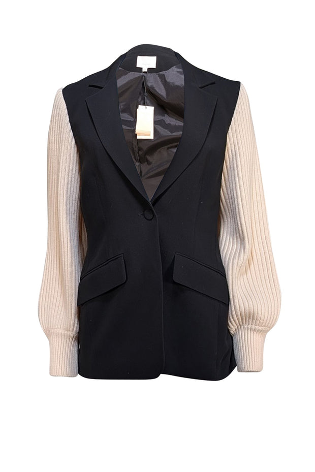 Cinq a Sept - Black Single Button Blazer w/ Cream Knit Sleeves Sz 6 - Current Boutique
