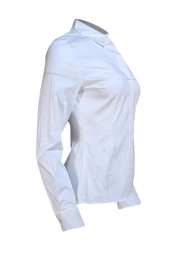 Hugo Boss - White Cotton Blend V-Neckline Shirt Sz 4 - Current Boutique