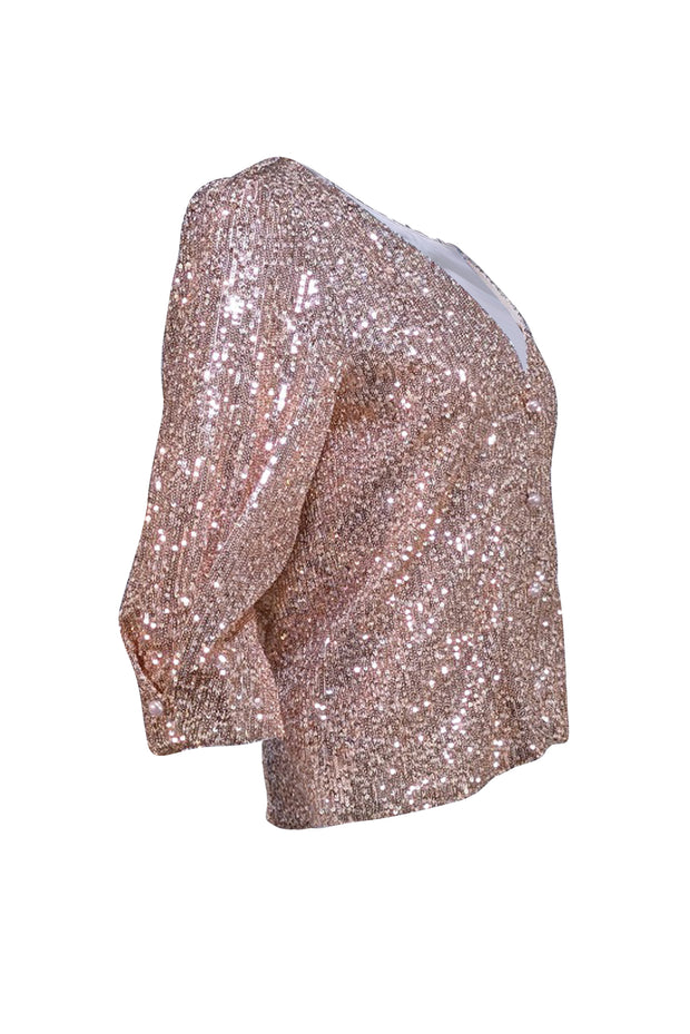 Maje - Rose Gold Sequin Button Front Collarless Top Sz 10 - Current Boutique