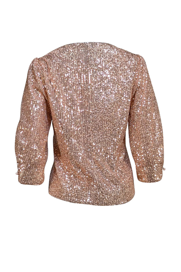Maje - Rose Gold Sequin Button Front Collarless Top Sz 10 - Current Boutique