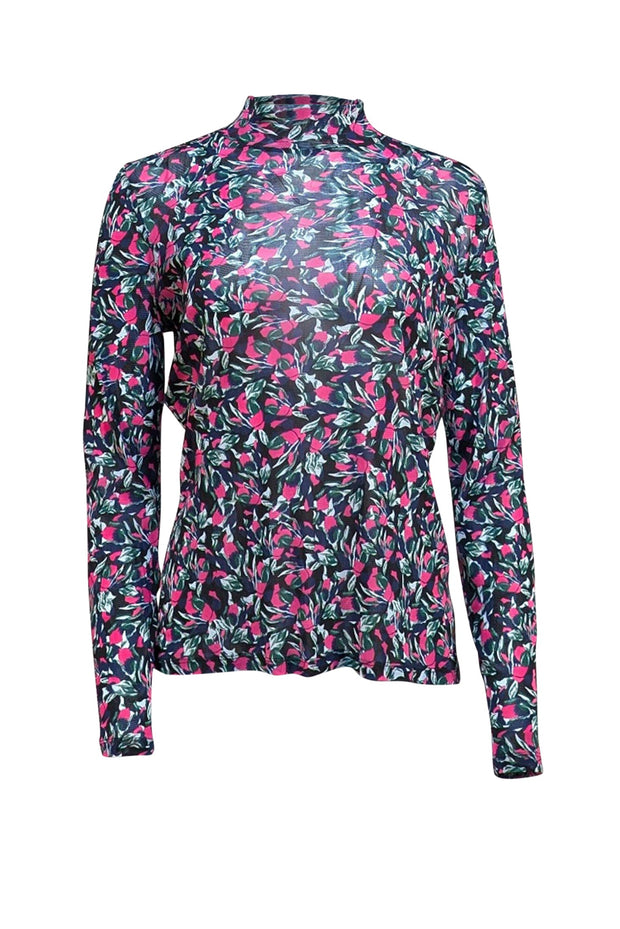 Diane von Furstenberg - Pink, Black, & Green Floral Semi Sheer Mock Neck Top Sz L - Current Boutique