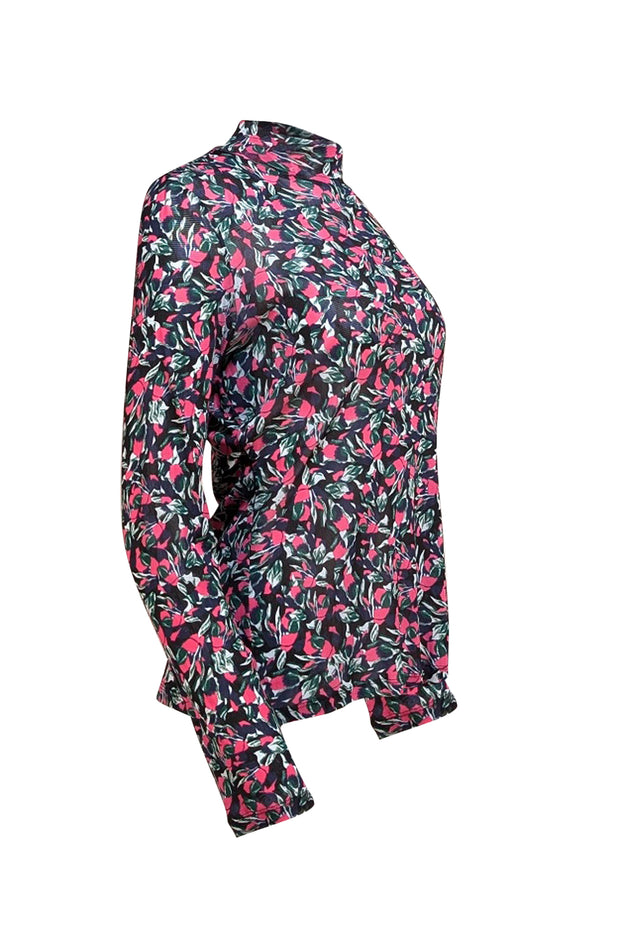 Diane von Furstenberg - Pink, Black, & Green Floral Semi Sheer Mock Neck Top Sz L - Current Boutique