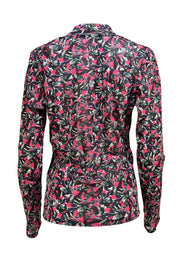 Diane von Furstenberg - Pink, Black, & Green Floral Semi Sheer Mock Neck Top Sz L - Current Boutique