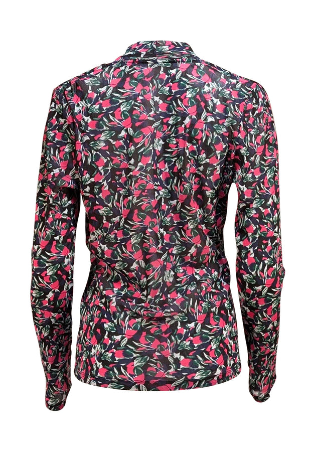 Diane von Furstenberg - Pink, Black, & Green Floral Semi Sheer Mock Neck Top Sz L - Current Boutique