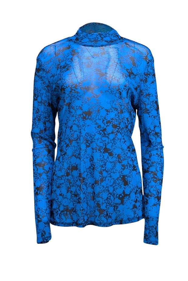 Diane von Furstenberg - Blue & Black Print Semi Sheer Mock Neck Top Sz L - Current Boutique