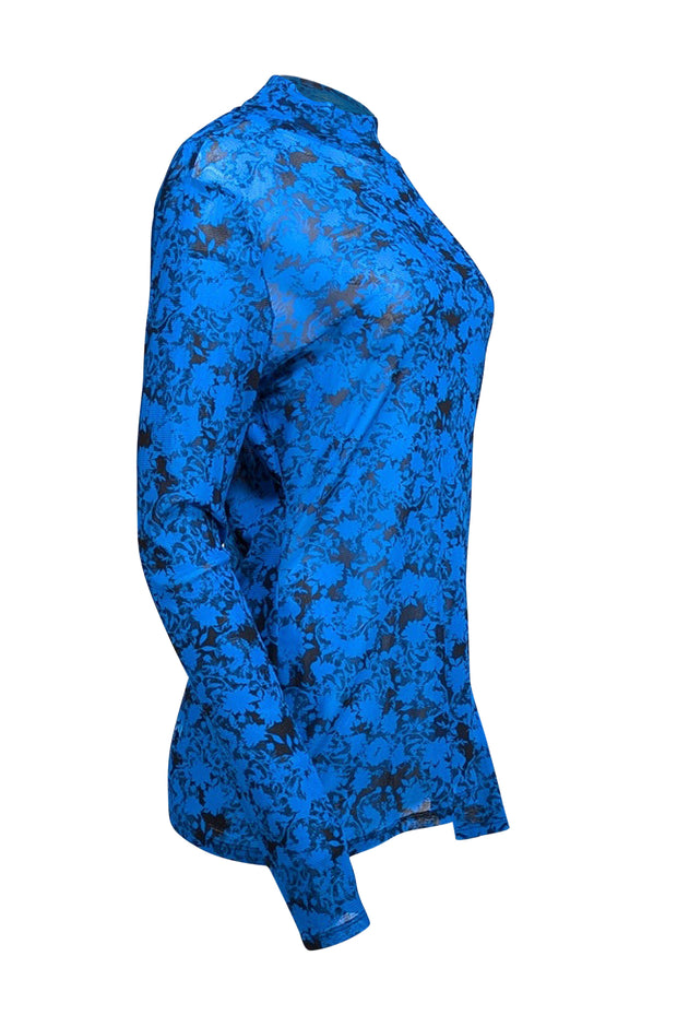 Diane von Furstenberg - Blue & Black Print Semi Sheer Mock Neck Top Sz L - Current Boutique