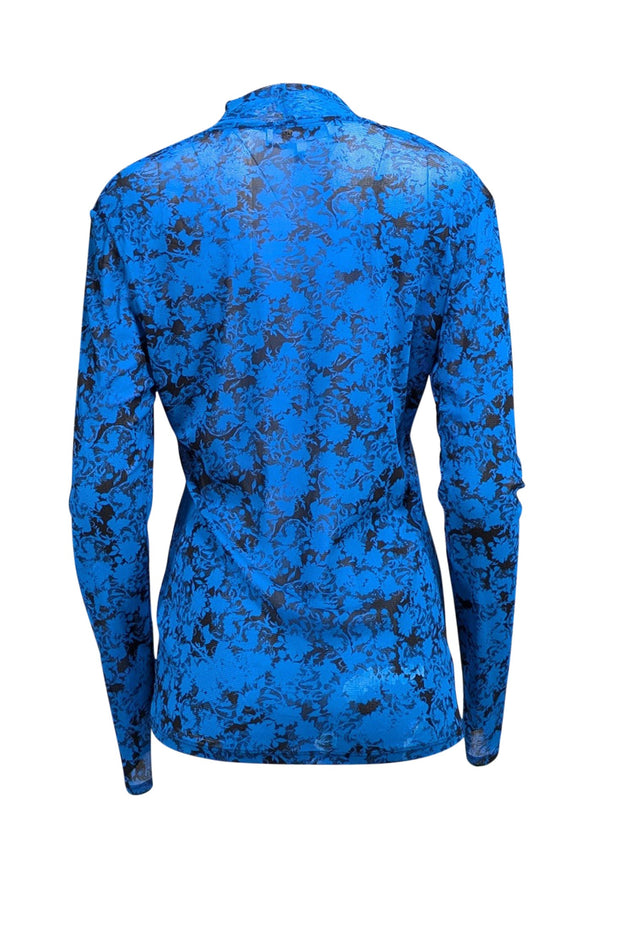 Diane von Furstenberg - Blue & Black Print Semi Sheer Mock Neck Top Sz L - Current Boutique
