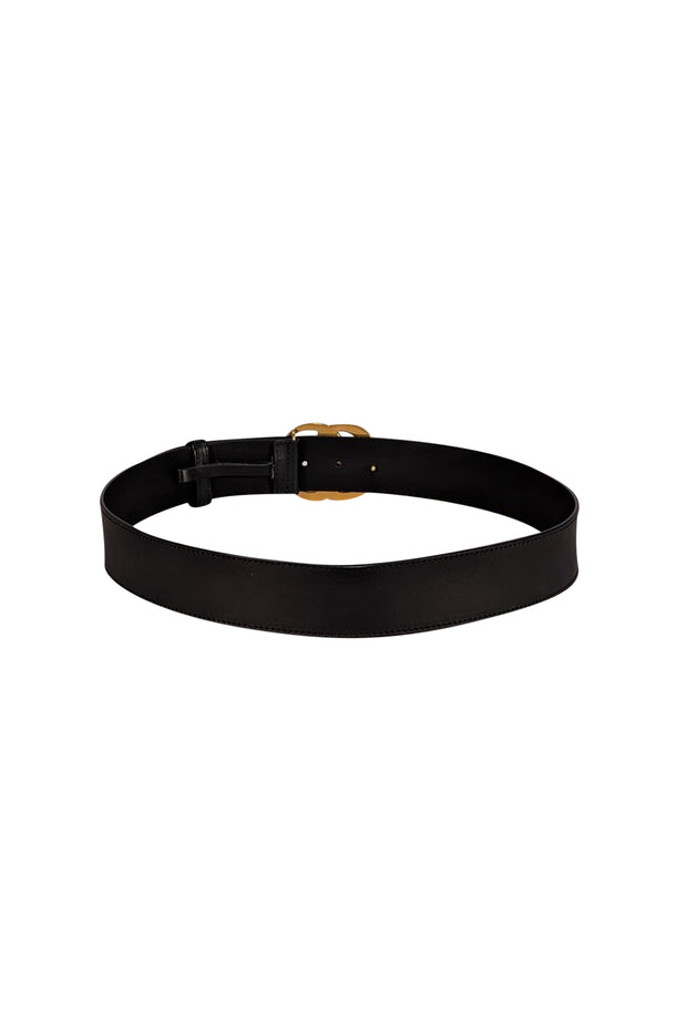Gucci - Black Leather Belt w/ Large Brass Monogram Logo Buckle Sz L - Current Boutique