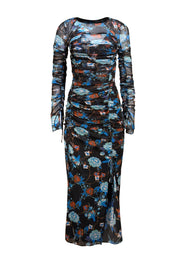 Diane von Furstenberg - Black, Blue, & Multicolor Print Mesh Ruched "Corrine" Dress Sz M