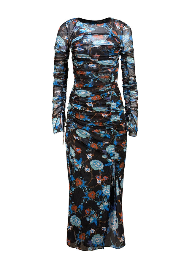 Diane von Furstenberg - Black, Blue, & Multicolor Print Mesh Ruched "Corrine" Dress Sz M