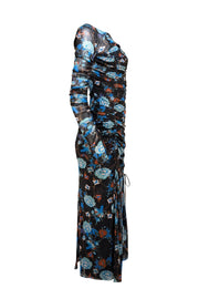 Diane von Furstenberg - Black, Blue, & Multicolor Print Mesh Ruched "Corrine" Dress Sz M