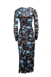 Diane von Furstenberg - Black, Blue, & Multicolor Print Mesh Ruched "Corrine" Dress Sz M