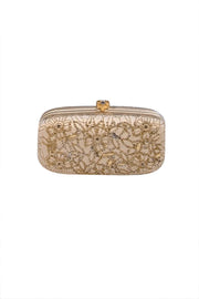 Oscar de la Renta - Gold Satin Beaded Clutch - Current Boutique