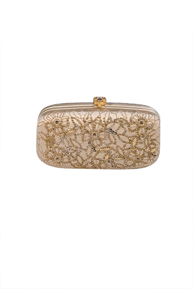 Oscar de la Renta - Gold Satin Beaded Clutch - Current Boutique