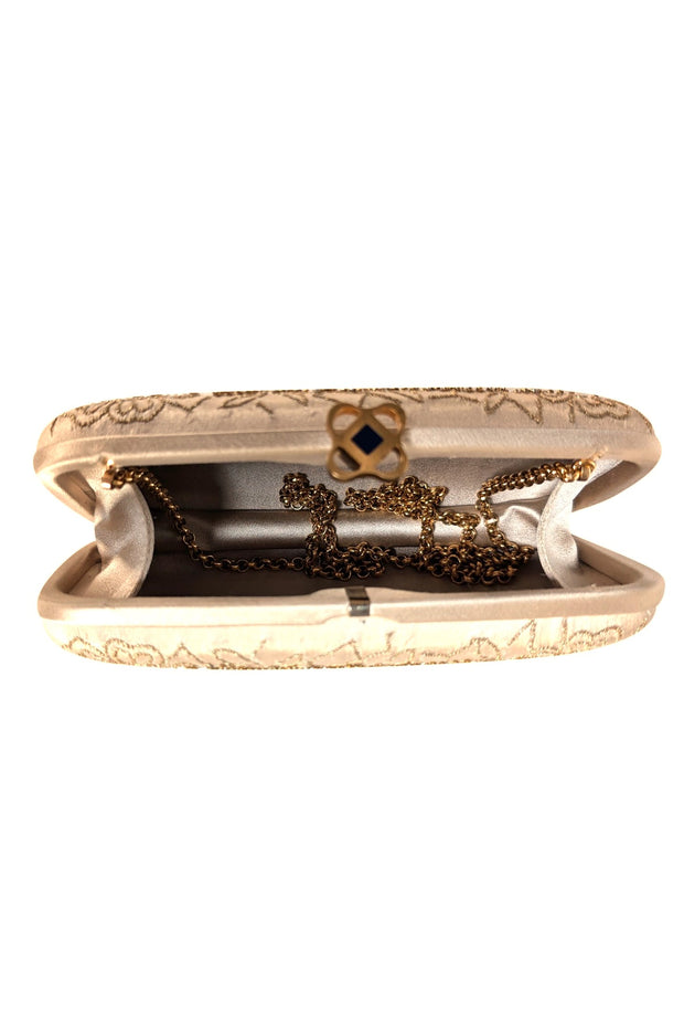 Oscar de la Renta - Gold Satin Beaded Clutch - Current Boutique