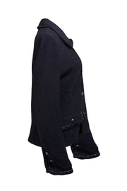 St. John - Navy Knit Button Front Fringe Hem Jacket Sz 12 - Current Boutique