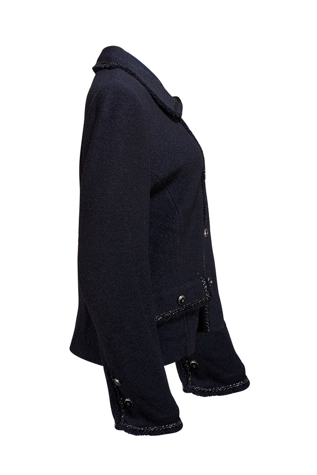 St. John - Navy Knit Button Front Fringe Hem Jacket Sz 12 - Current Boutique