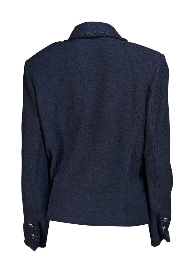 St. John - Navy Knit Button Front Fringe Hem Jacket Sz 12 - Current Boutique