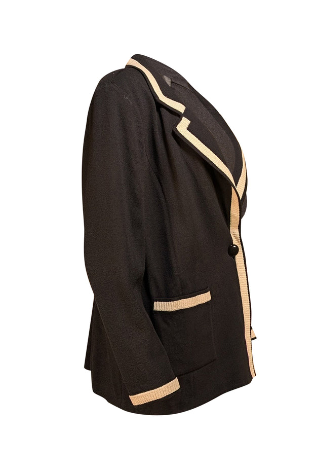 St. John - Black w/ Cream Trim Sweater Blazer Sz 14 - Current Boutique