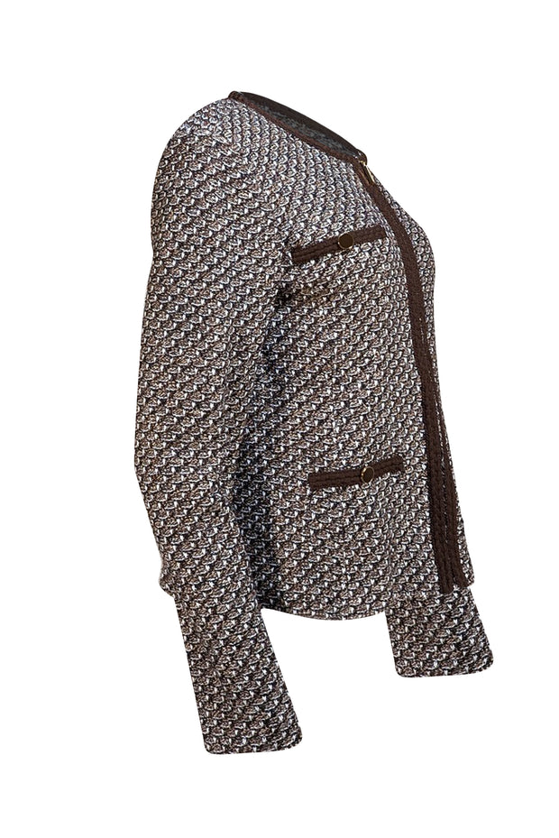 St. John - Brown & Cream Blend Zipper Front Knit Jacket Sz 14 - Current Boutique