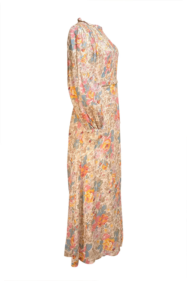 Sea NY - Beige, White, Pink, Oange, & Blue Floral Print Smocked Bodice Maxi Dress Sz 6 - Current Boutique