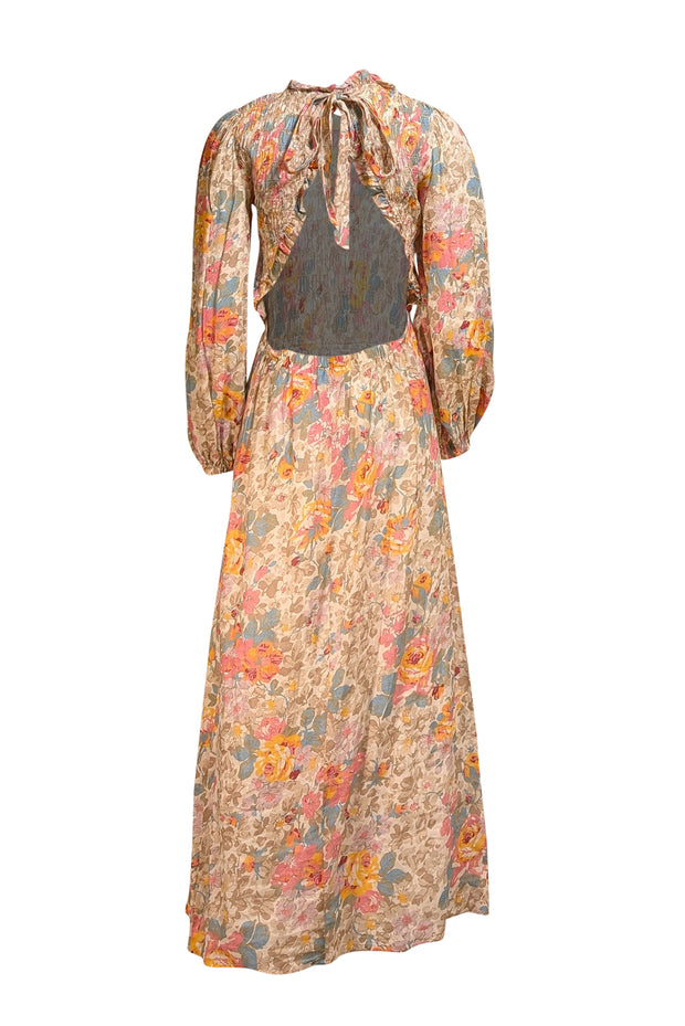 Sea NY - Beige, White, Pink, Oange, & Blue Floral Print Smocked Bodice Maxi Dress Sz 6 - Current Boutique