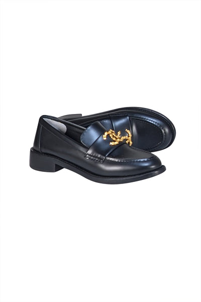 Chanel - Black Leather Floral Textured Logo Front Loafer Sz 6.5 - Current Boutique