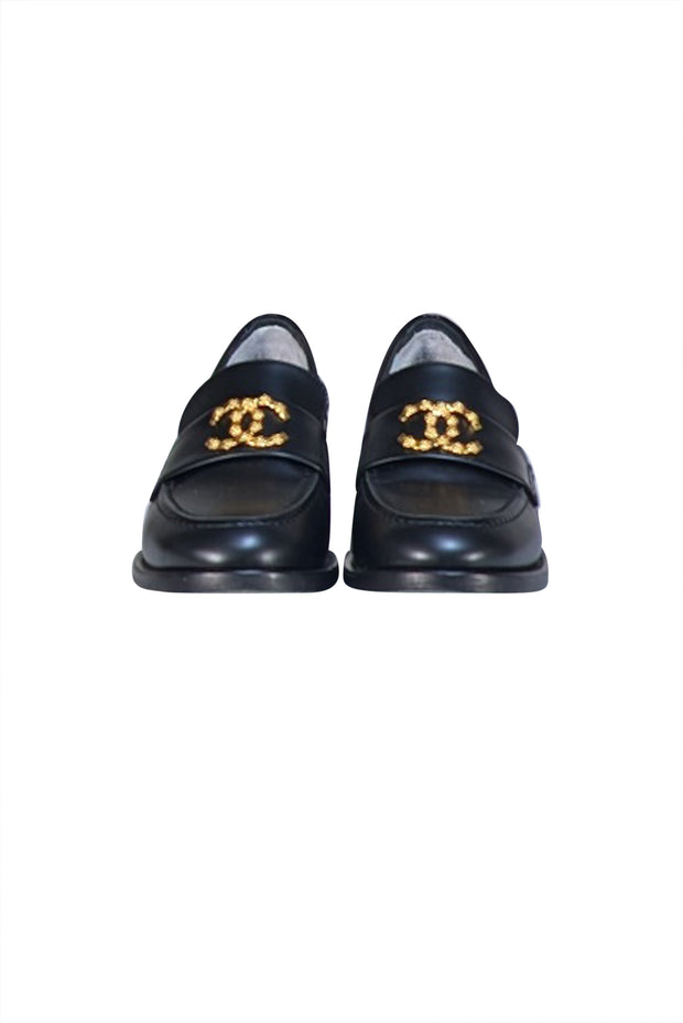 Chanel - Black Leather Floral Textured Logo Front Loafer Sz 6.5 - Current Boutique