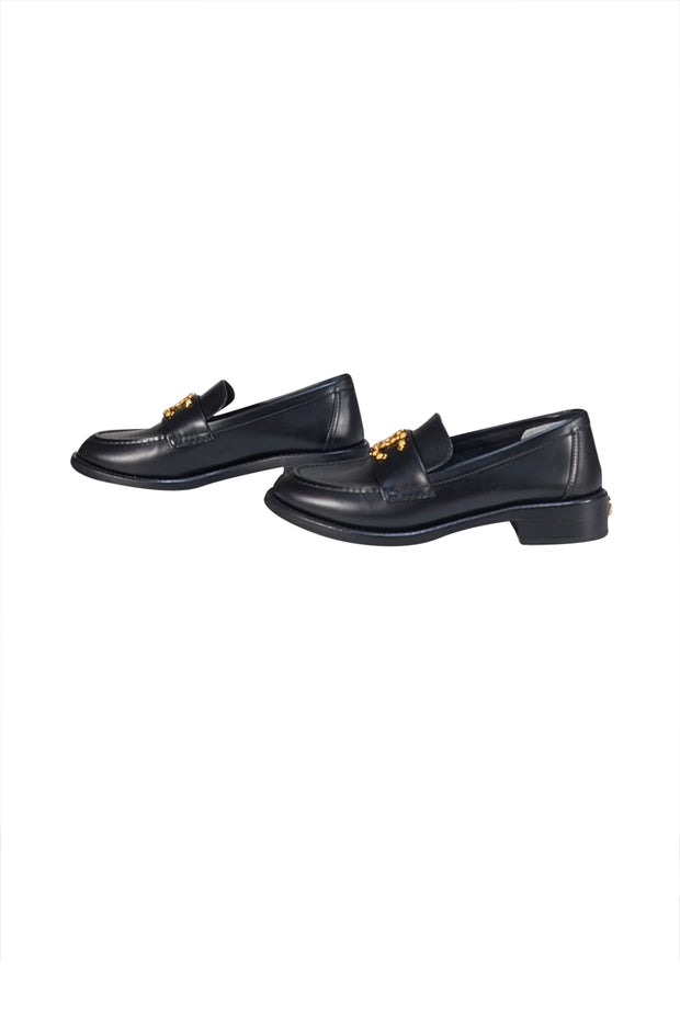 Chanel - Black Leather Floral Textured Logo Front Loafer Sz 6.5 - Current Boutique