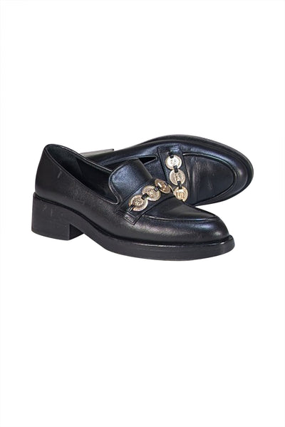 Chanel - Black Leather Gold Medallion Trim Loafers Sz 6 - Current Boutique
