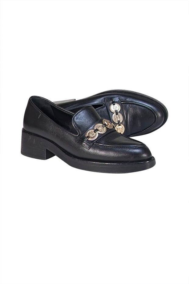 Chanel - Black Leather Gold Medallion Trim Loafers Sz 6 - Current Boutique