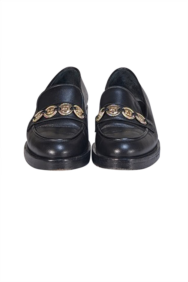 Chanel - Black Leather Gold Medallion Trim Loafers Sz 6 - Current Boutique