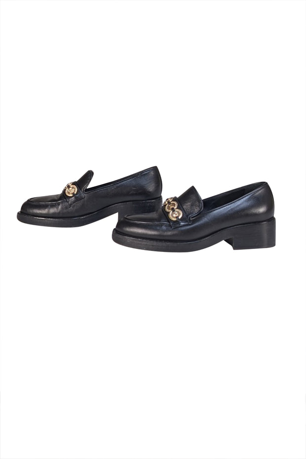 Chanel - Black Leather Gold Medallion Trim Loafers Sz 6 - Current Boutique