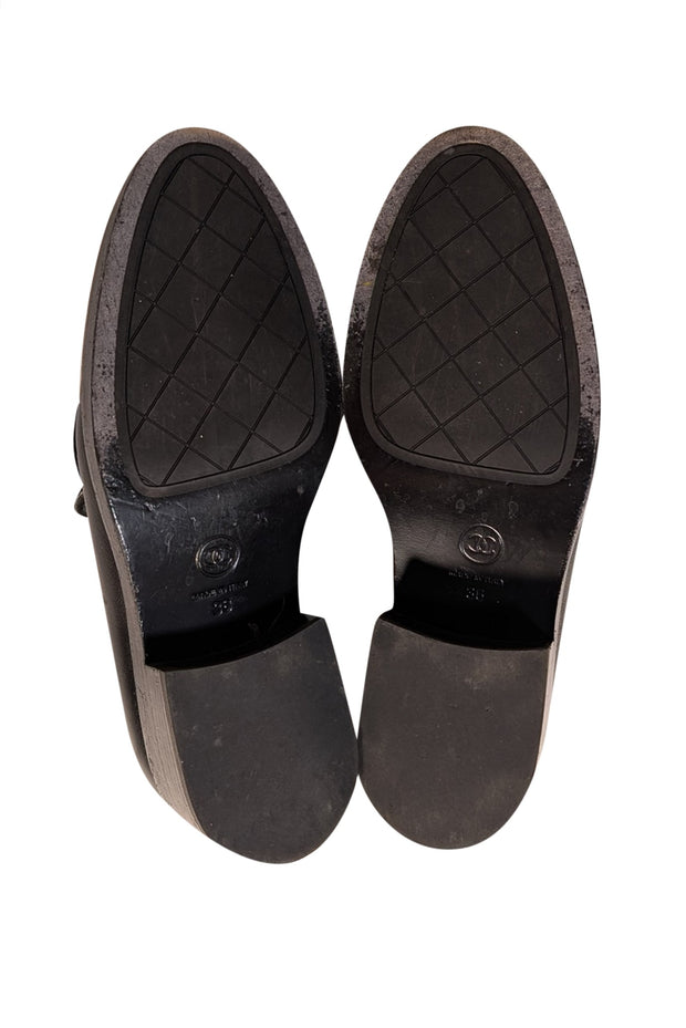 Chanel - Black Leather Gold Medallion Trim Loafers Sz 6 - Current Boutique