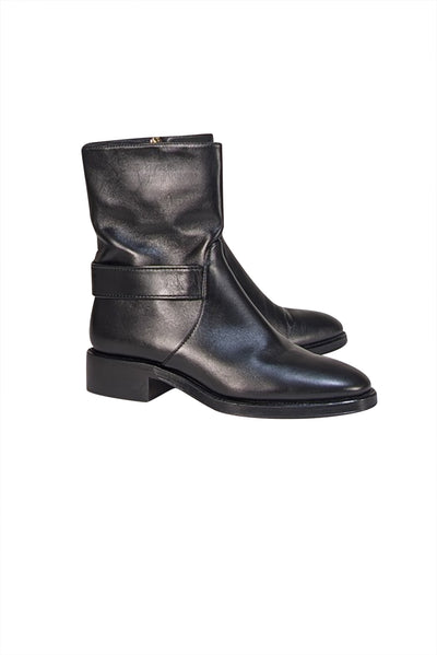 Chanel - Black Leather Logo Back Short Boots Sz 6.5 - Current Boutique