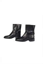 Chanel - Black Leather Logo Back Short Boots Sz 6.5 - Current Boutique