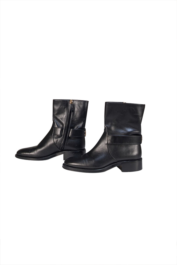 Chanel - Black Leather Logo Back Short Boots Sz 6.5 - Current Boutique