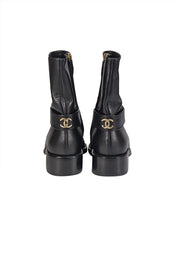 Chanel - Black Leather Logo Back Short Boots Sz 6.5 - Current Boutique
